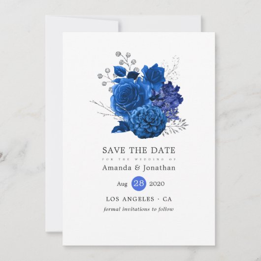 Save The Date Royal Blue et Silver Floral Mariage (Devant)