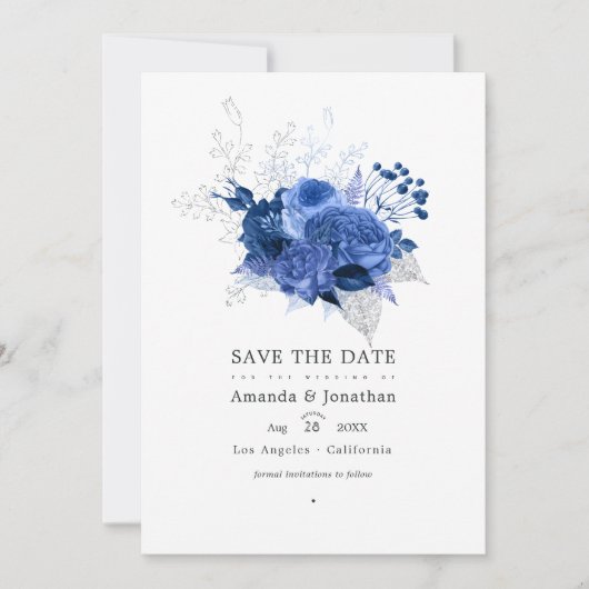 Save The Date Royal Blue et Silver Floral Mariage Photo (Devant)