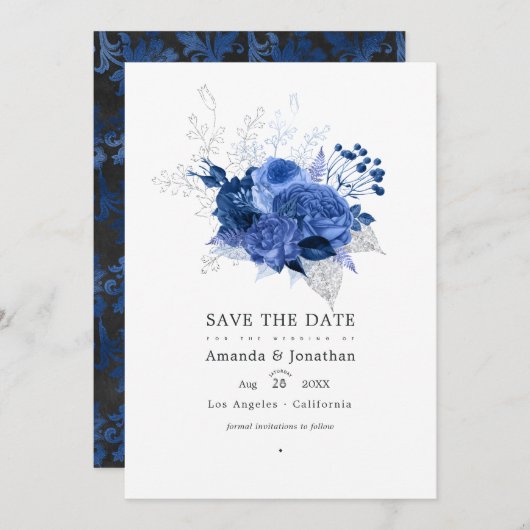 Save The Date Royal Blue et Silver Floral Mariage Photo (Devant / Derrière)