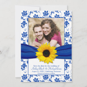 Save The Date Royal Blue Floral Damask Sunflower Enregistrer la 