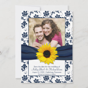 Save The Date Royal Blue Floral Damask Sunflower Enregistrer la 