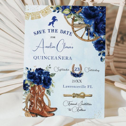 Save The Date Royal Blue Floral Wild West Charro Quinceañera XV