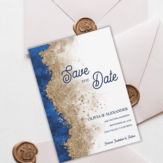 Save The Date Royal Blue Gold Abstract Luxury Formal Wedding