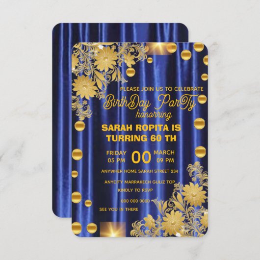 Save The Date Royal Blue Gold fête d'anniversaire Invitation, fe (Devant / Derrière)