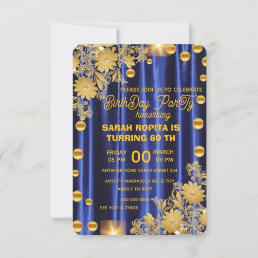 Save The Date Royal Blue Gold fête d'anniversaire Invitation, fe (Devant)