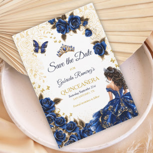 Save The Date Royal Blue Golden Tiara Roses Quinceañera