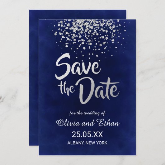 Save The Date Royal Blue moderne et Confetti en argent (Devant / Derrière)