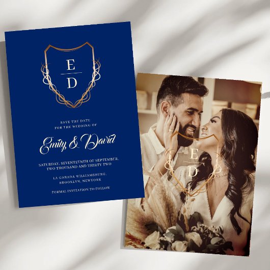 Save The Date Royal Blue Rustic Gold Monogramme photo
