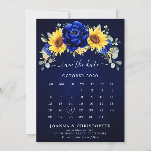 Save The Date Royal Blue Rustic Tournesol Calendrier Floral mode (Devant)