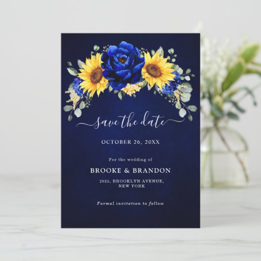 Save The Date Royal Blue Rustic Tournesol Moderne Floral Mariage (Debout devant)