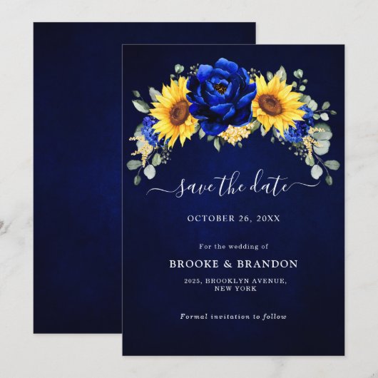Save The Date Royal Blue Rustic Tournesol Moderne Floral Mariage (Devant / Derrière)