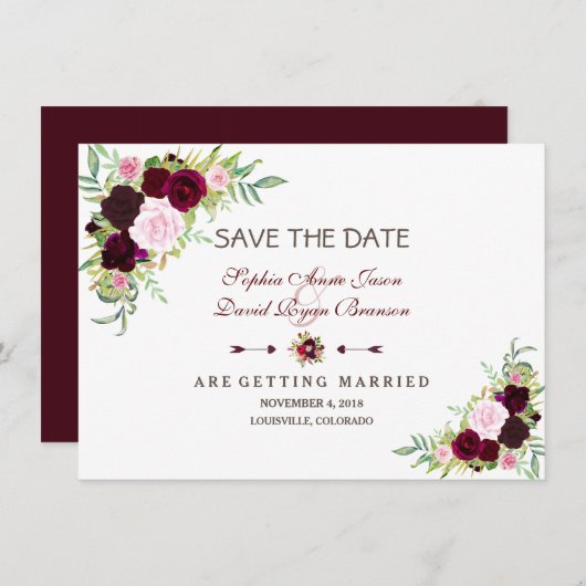 Save The Date Royal Burgundy Marsala Floral Enregistrer La Date (Devant / Derrière)