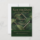 Save The Date Royal Dark Green Feuille Gold Frame Mariage (Devant)