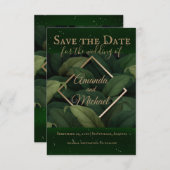 Save The Date Royal Dark Green Feuille Gold Frame Mariage (Devant / Derrière)