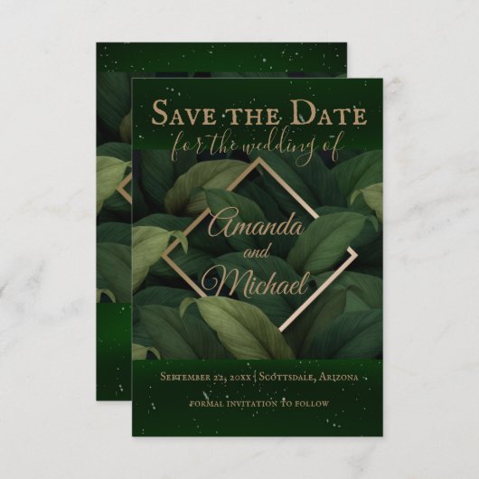 Save The Date Royal Dark Green Feuille Gold Frame Mariage (Devant / Derrière)