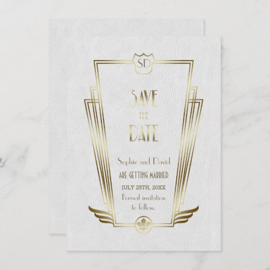 Save The Date Royal Gold White Art Deco Monogramme Enregistrer L (Devant / Derrière)