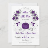 Save The Date royal violet blanc fleurs argent botanique (Devant)