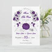 Save The Date royal violet blanc fleurs argent botanique (Debout devant)