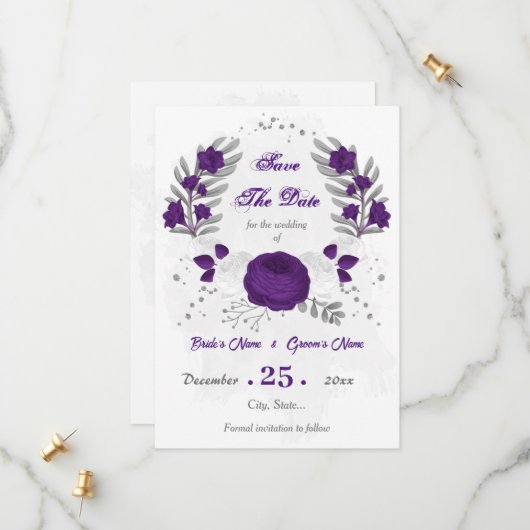Save The Date royal violet blanc fleurs argent botanique (Devant/Arrière en situation)