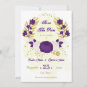 Save The Date royal violet blanc fleurs or botanique (Devant)