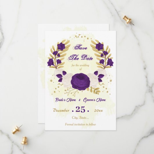 Save The Date royal violet blanc fleurs or botanique (Devant/Arrière en situation)