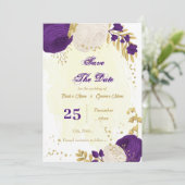 Save The Date royal violet blanc fleurs or botanique (Debout devant)