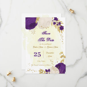 Save The Date royal violet blanc fleurs or botanique