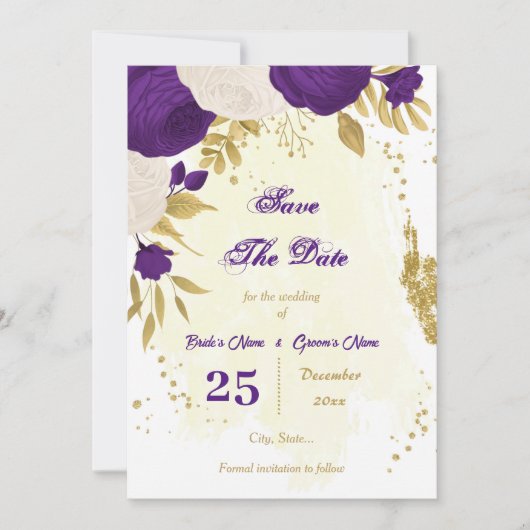 Save The Date royal violet fleurs blanches or (Devant)