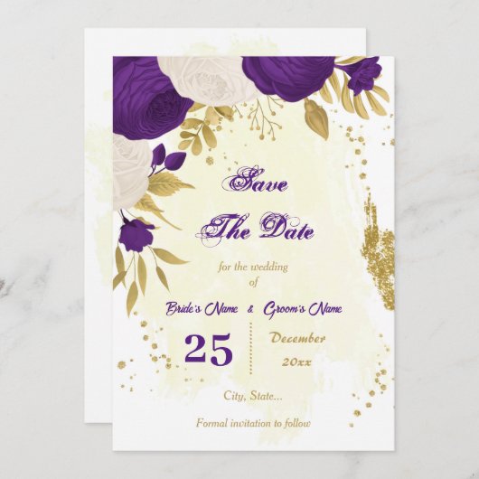 Save The Date royal violet fleurs blanches or (Devant / Derrière)