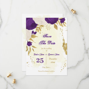 Save The Date royal violet fleurs blanches or