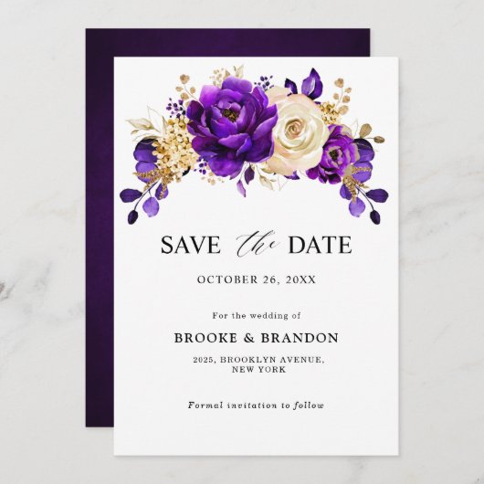 Save The Date Royal violet violet or Floral Mariage botanique (Devant / Derrière)