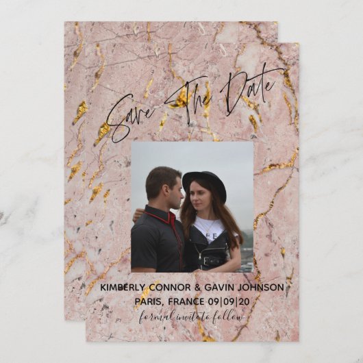 Save the date |Roze en goudmarmer (Voorkant / Achterkant)