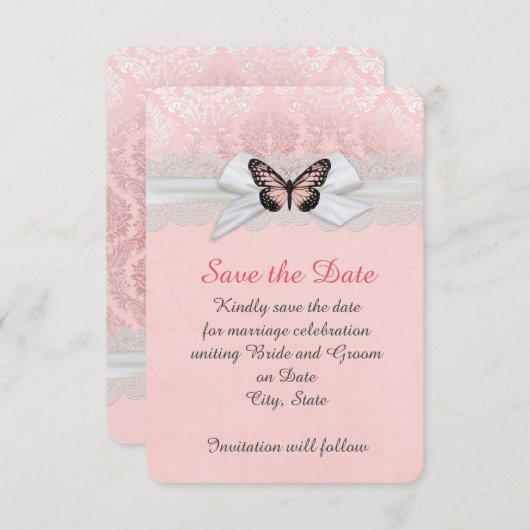 Save The Date Ruban en dentelle rose Papillon Damas Enregistrer (Devant / Derrière)