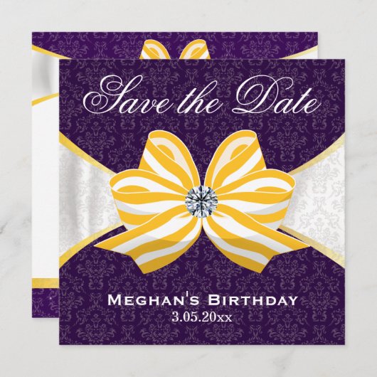Save The Date Ruban jaune diamant avec motif pourpre damassé (Devant / Derrière)