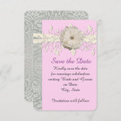 Save The Date Ruban rose floral Argent Damas Enregistrer la date (Devant / Derrière)