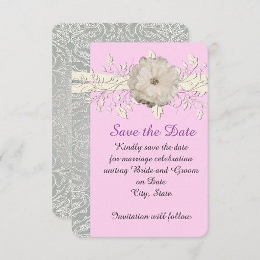 Save The Date Ruban rose floral Argent Damas Enregistrer la date (Devant / Derrière)