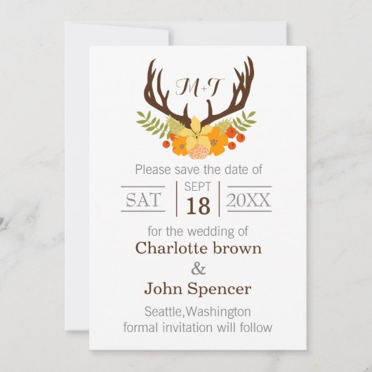 Save The Date Russe Antler Deer Floral Mariage de bois (Devant)