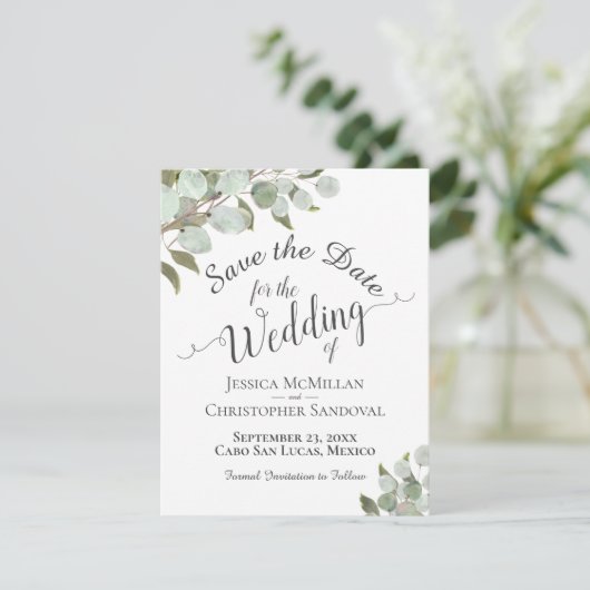 Save The Date Russe Aquarelle Eucalyptus Feuille Mariage blanc (Debout devant)