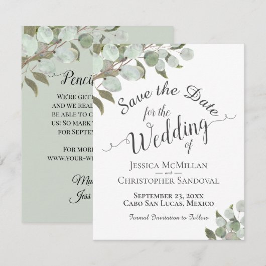 Save The Date Russe Aquarelle Eucalyptus Feuille Mariage blanc (Devant / Derrière)