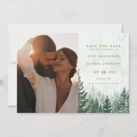 Save The Date Russe Aquarelle Pine Forest Photo QR Code (Devant)