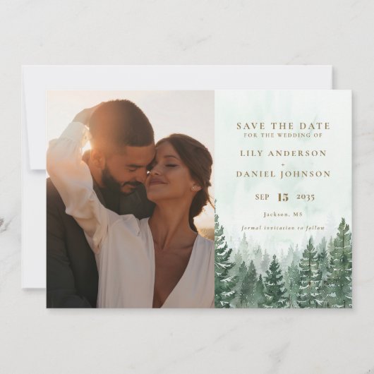 Save The Date Russe Aquarelle Pine Tree Forêt Photo QR Code (Devant)