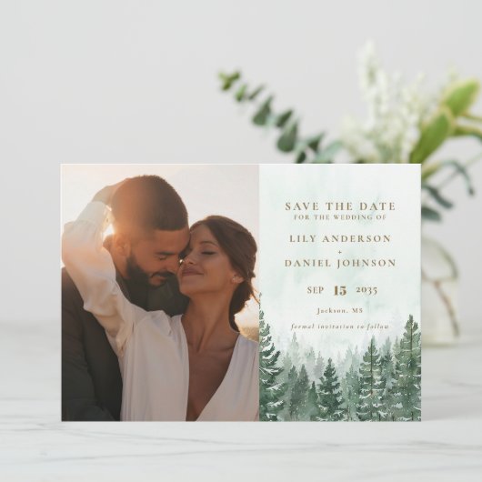 Save The Date Russe Aquarelle Pine Tree Forêt Photo QR Code (Debout devant)