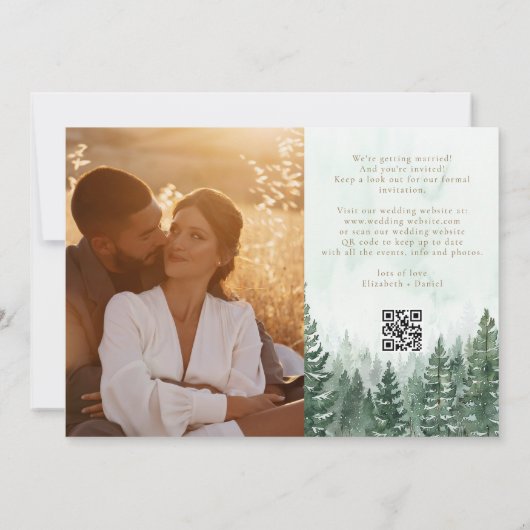 Save The Date Russe Aquarelle Pine Tree Forêt Photo QR Code (Dos)
