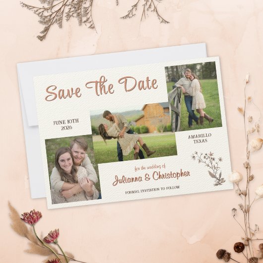 Save The Date Russe Boho Fleurs sauvages 3 Photo Copper Script