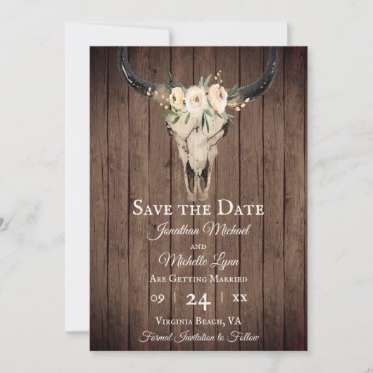 Save The Date Russe Boho Floral Vache Crâne sur Mariage Barnwood (Devant)