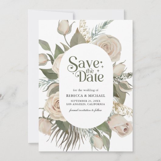 Save The Date Russe Boho Ivory Rose Sage Green Mariage (Devant)