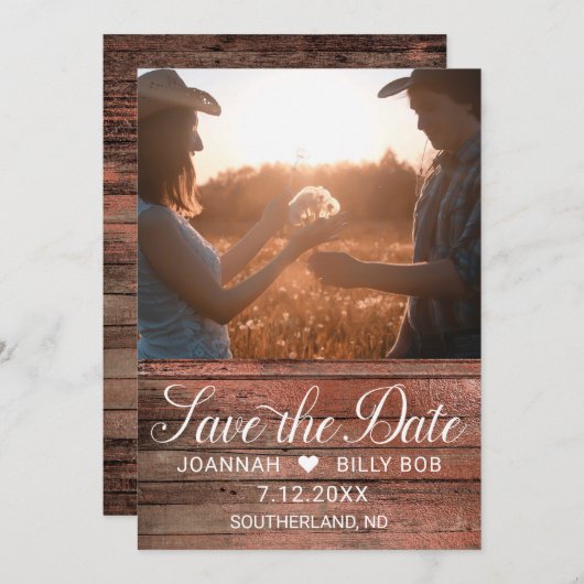 Save The Date Russe Cherry Wood - Script blanc Photo (Devant / Derrière)