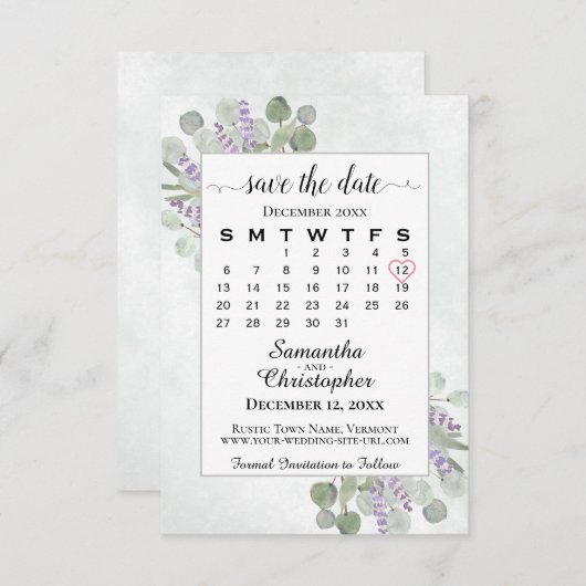 Save The Date Russe Eucalyptus Lavender Calendrier Mariage blanc (Devant / Derrière)