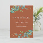 Save The Date Russe Eucalyptus Photo Mariage en terre cuite (Debout devant)