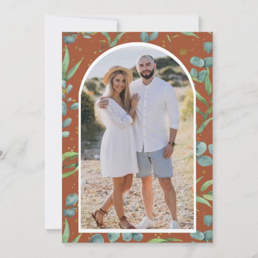 Save The Date Russe Eucalyptus Photo Mariage en terre cuite (Dos)